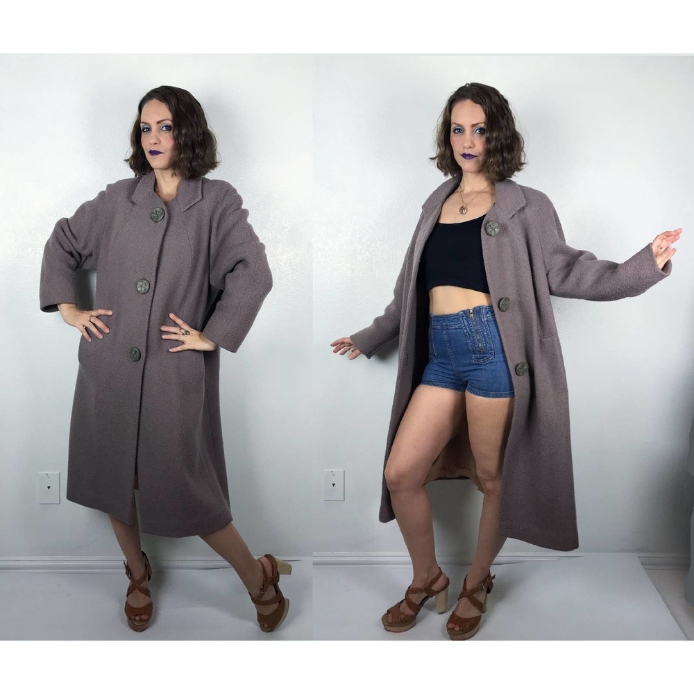 vintage 60s MOCHA Star Buttons SWING COAT os wool midcentury pinup 50s outerwear